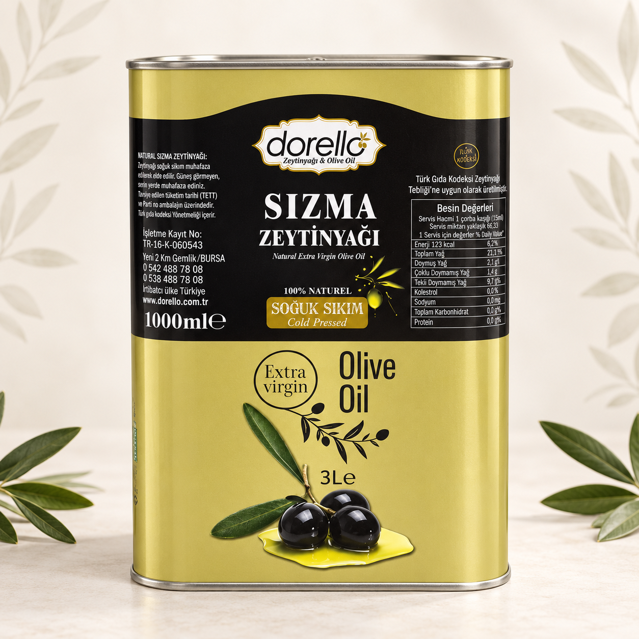 Dorello Natürel İlk Hasat Soğuk Sıkım Zeytinyağı 3 Litre Teneke