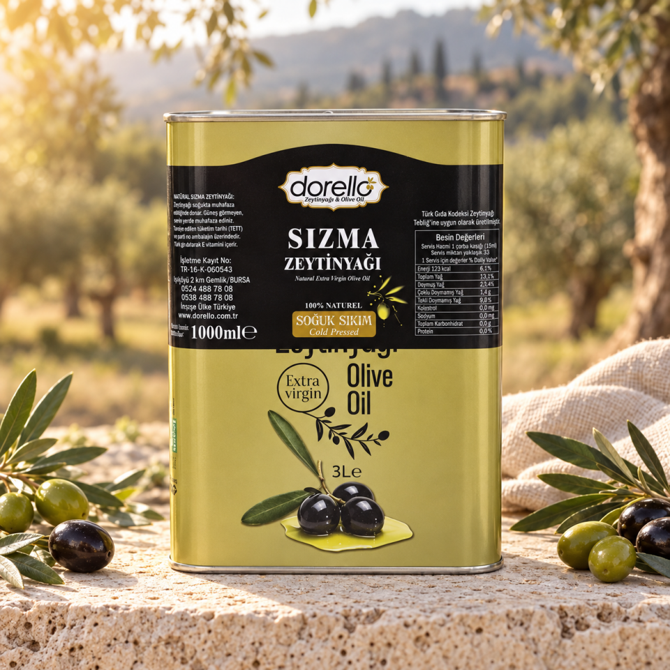 Dorello Natürel İlk Hasat Soğuk Sıkım Zeytinyağı 3 Litre Teneke