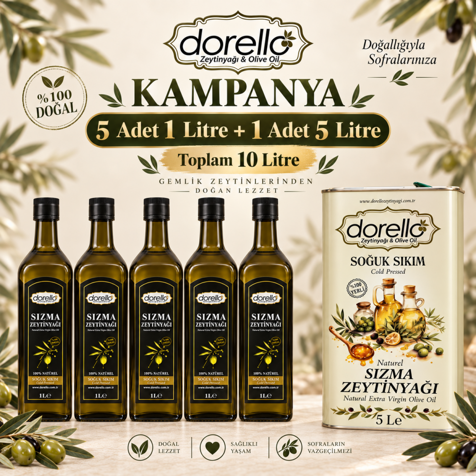 Naturel Sızma ve Soğuk Sıkım Zeytinyağı 5x1+5 Litre - Dorello Zeytinyağı