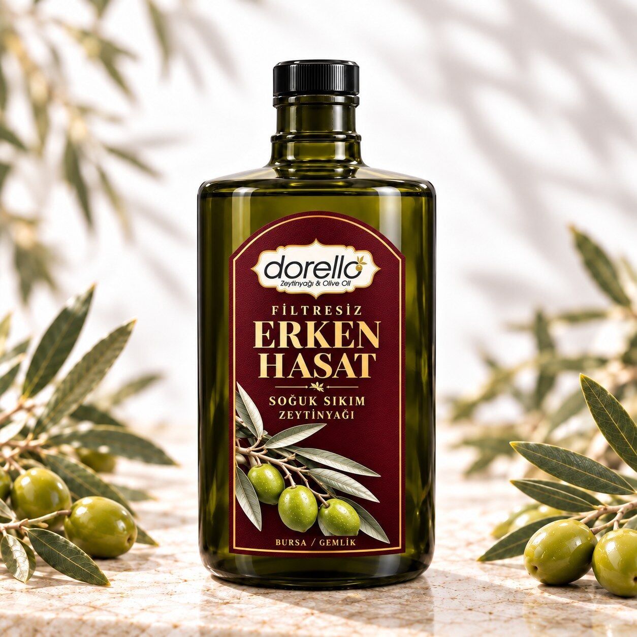 Erken Hasat Zeytinyağı Filtresiz Soğuk Sıkım 500ML Düz Omuzlu Şişe | Dorello